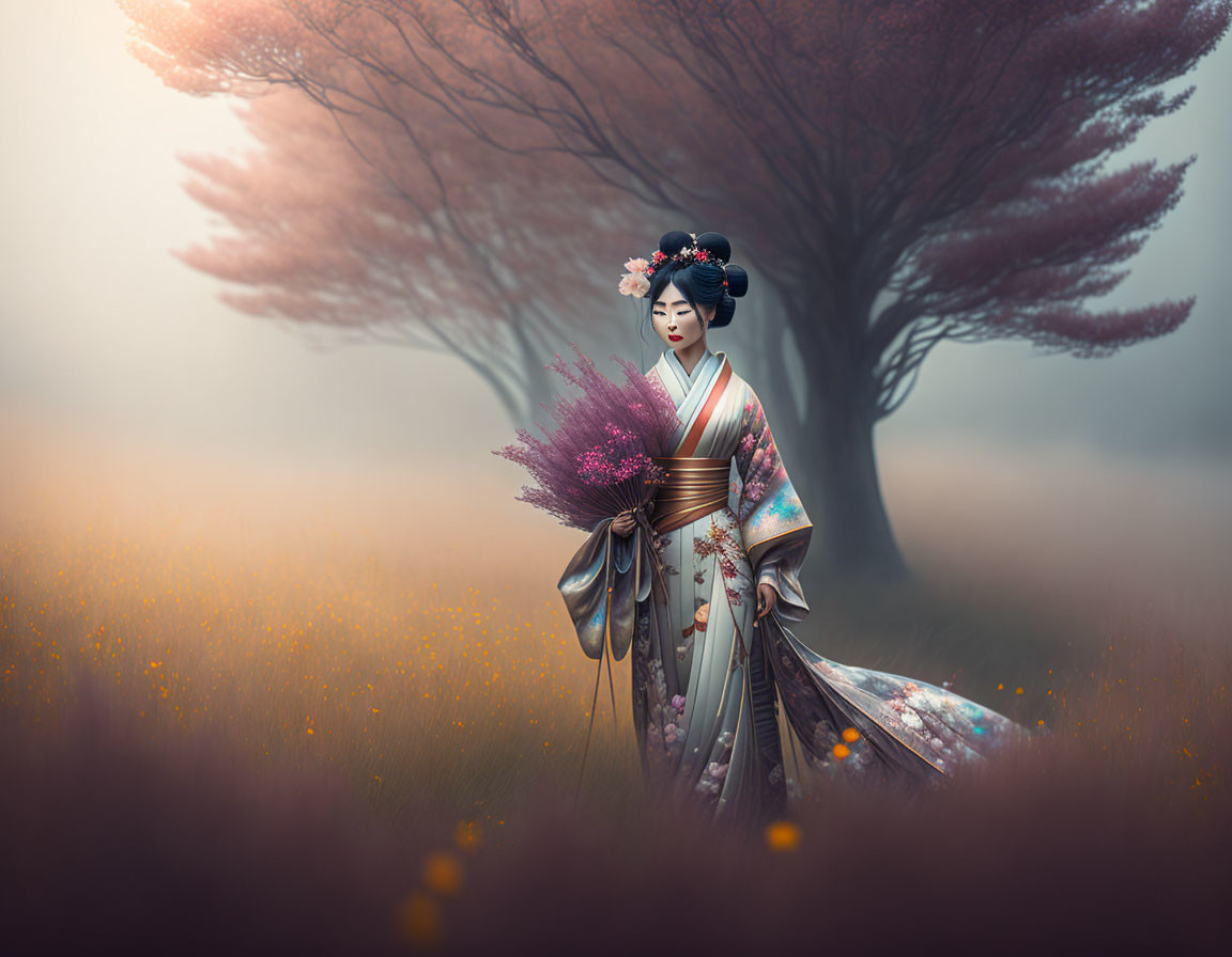 Traditional Japanese kimono woman in misty field with purple flowers