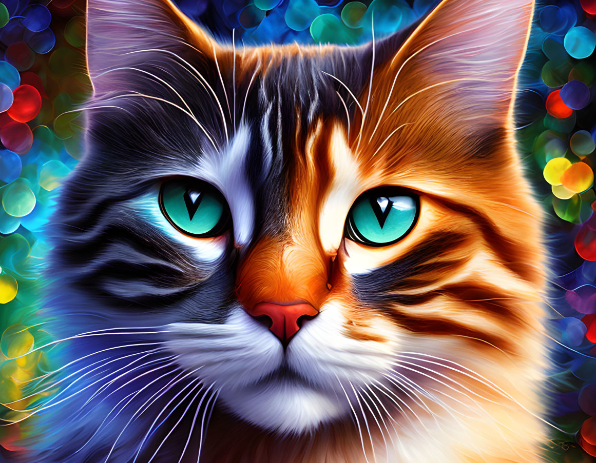 Colorful Digital Artwork: Cat with Blue Eyes and Multicolored Fur