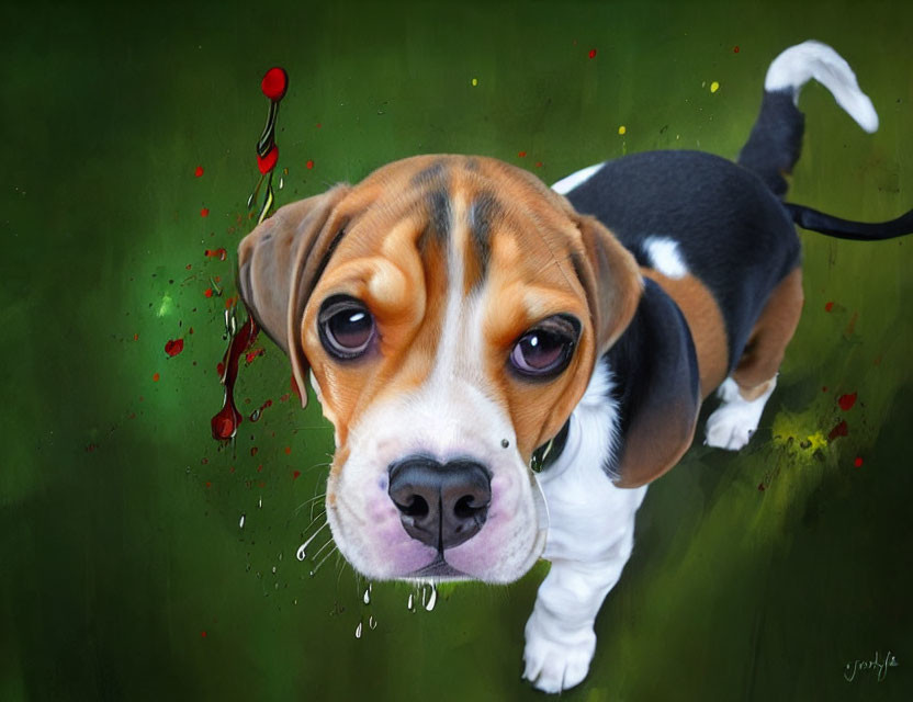 Curious Beagle Puppy on Green Background with Red Paint Splatters