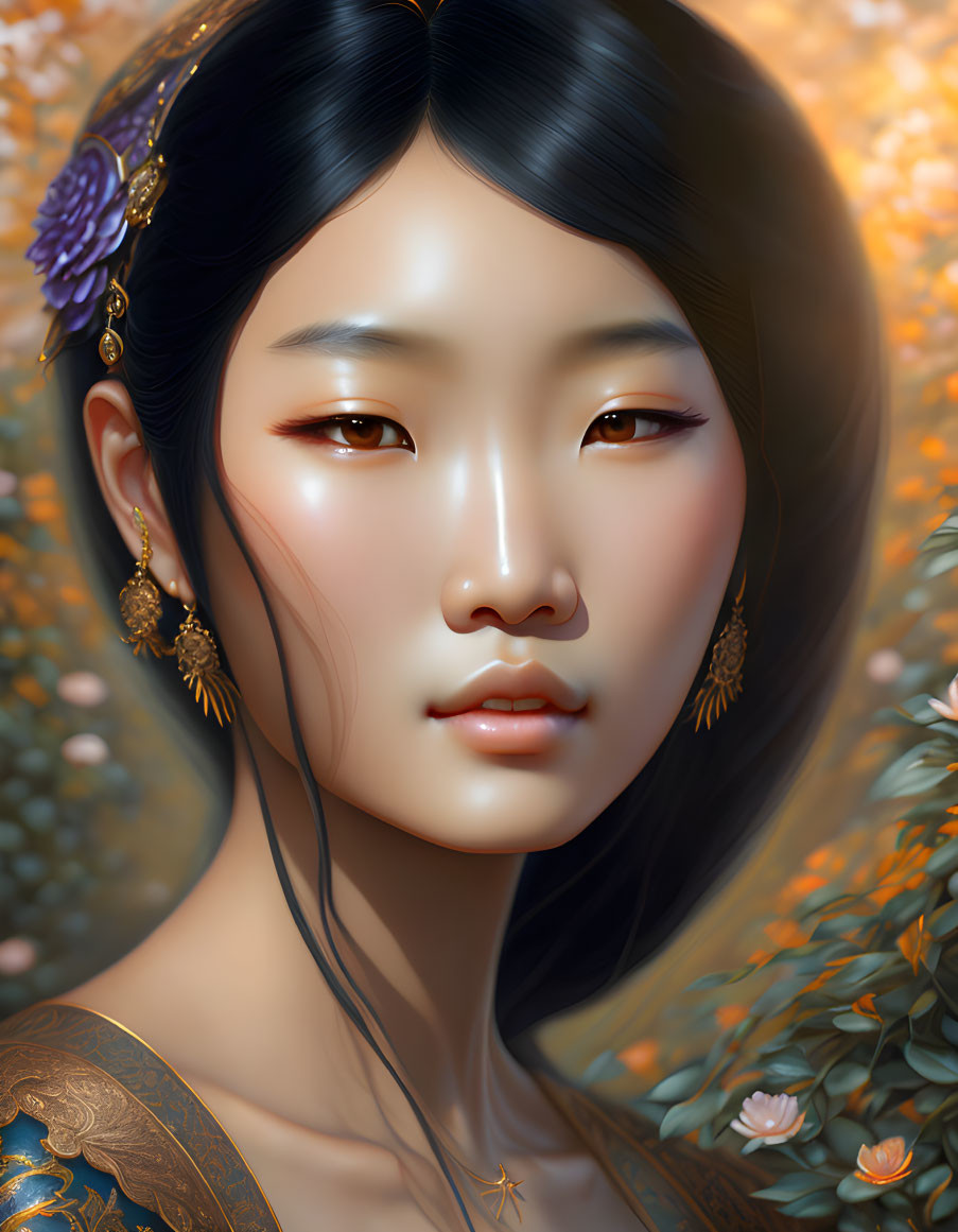 Asian woman digital portrait with gold earrings in autumnal floral background