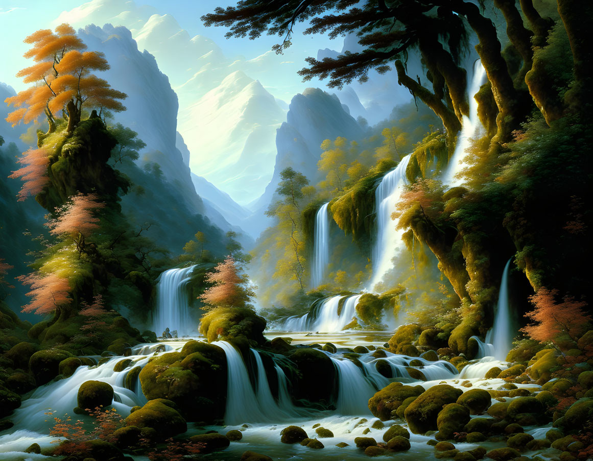 Tranquil waterfall in lush forest with autumnal trees and mountain peaks