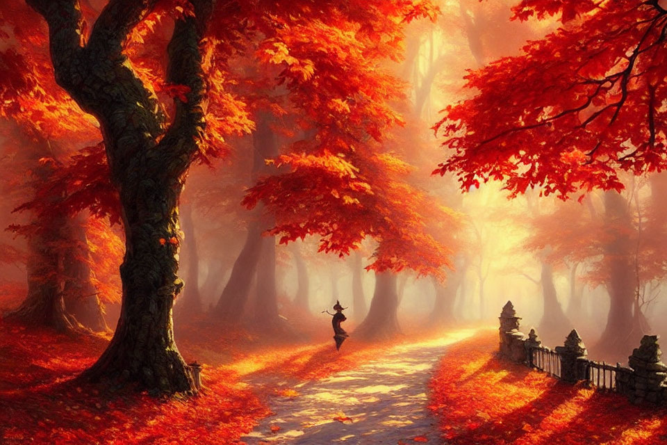 Person walking through vibrant autumn forest with sunlight filtering through trees