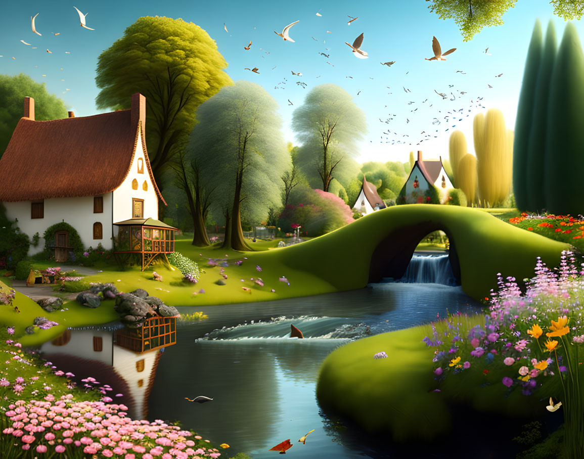 Tranquil countryside landscape with house, bridge, flowers, birds, and greenery