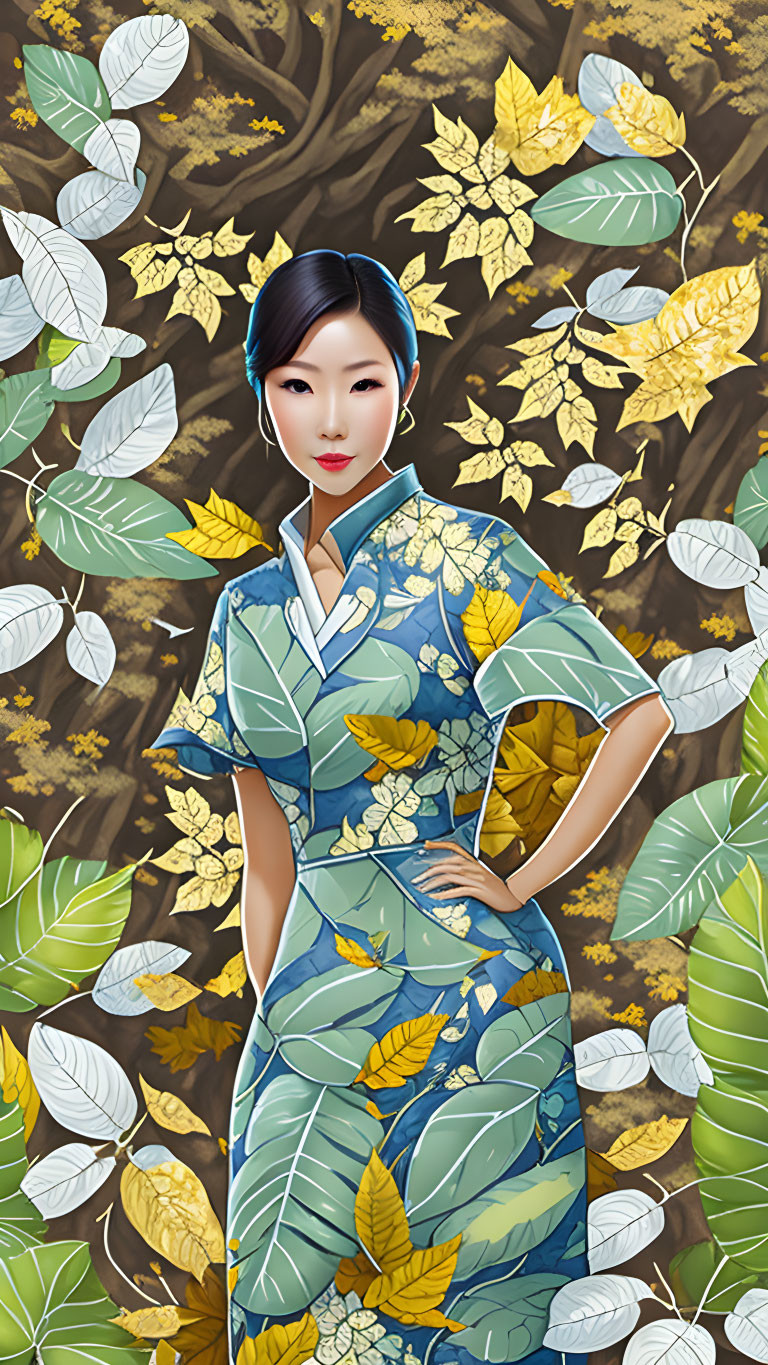 Illustration of Woman in Blue Kimono with Floral Design