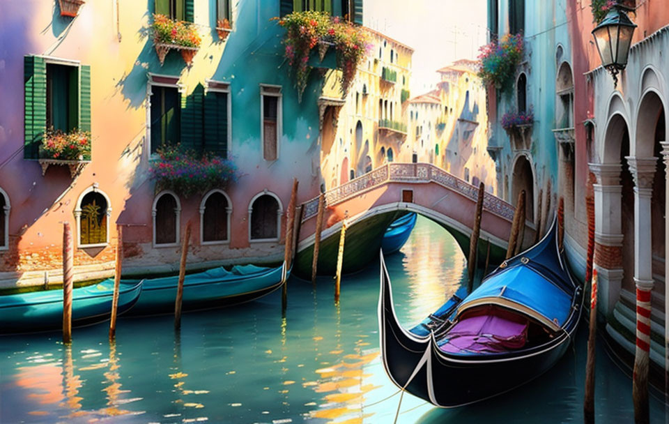 Historical buildings and gondola on tranquil Venice canal