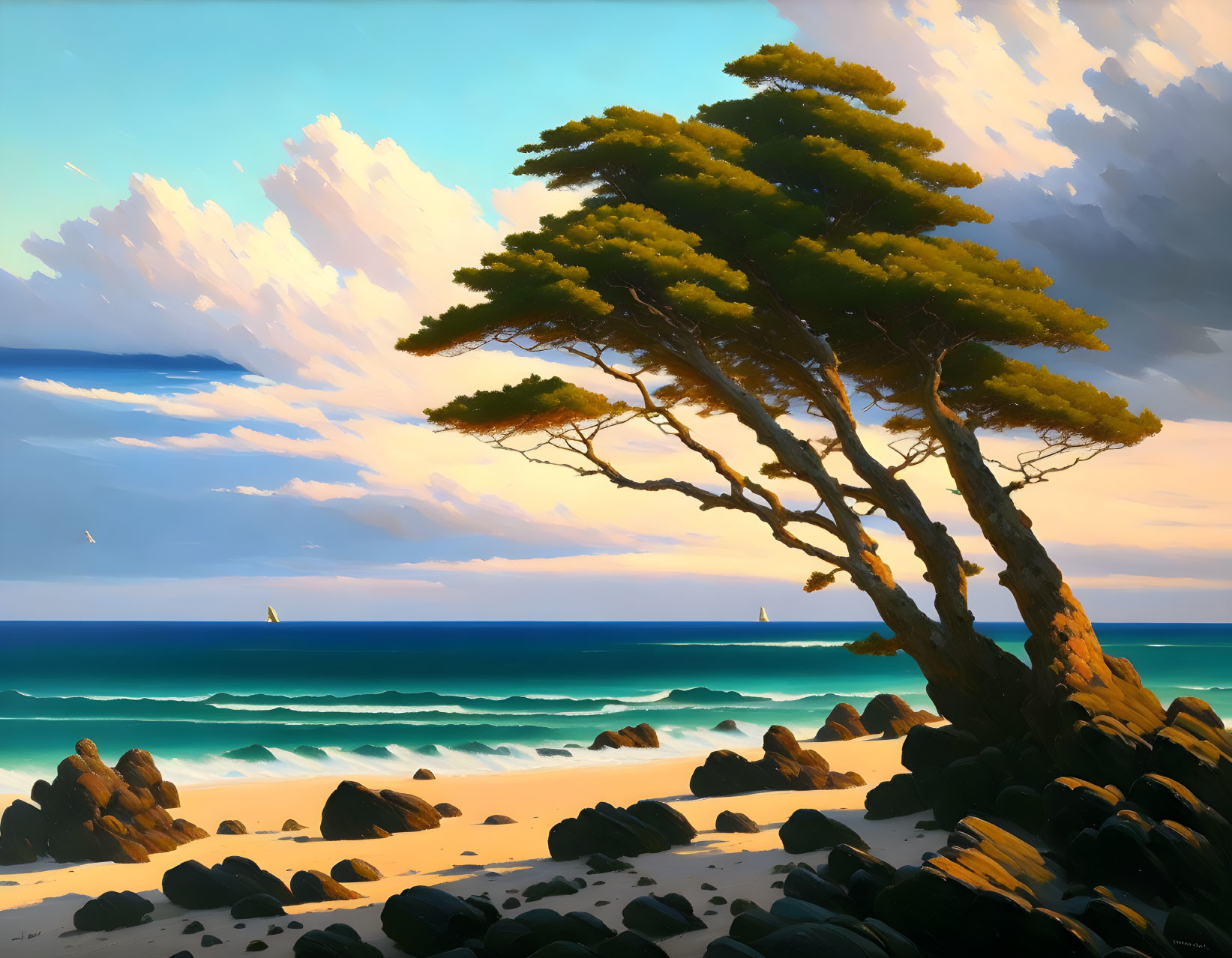 Tranquil beach landscape with windswept tree, rocks, blue waves, and sailboats