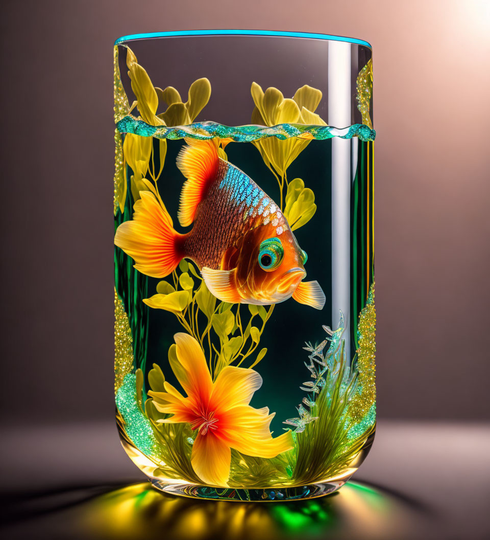 Colorful Fish-Themed Glass with Orange Fish Design