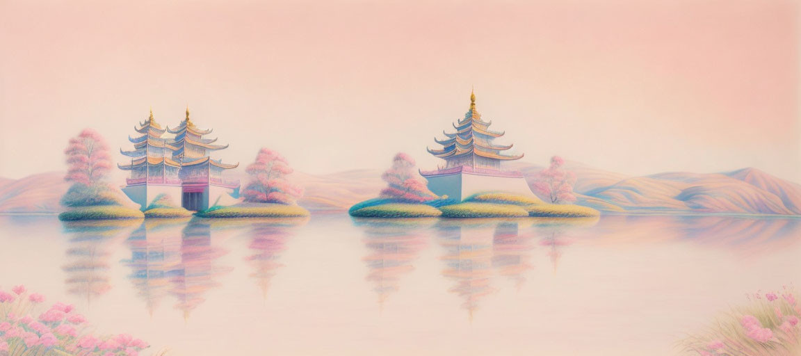 Pastel Landscape with Asian Pagodas and Mountains