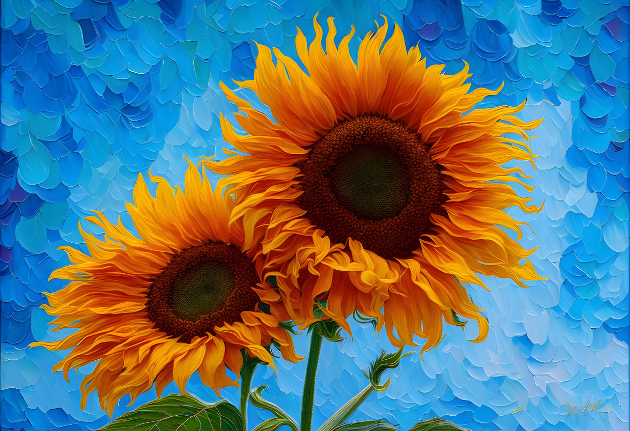 Vibrant sunflowers on textured blue background