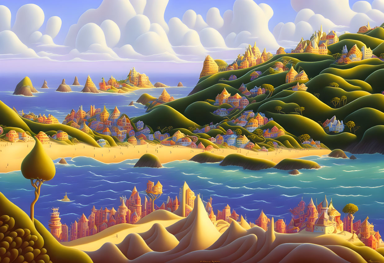 Colorful landscape with green hills, sand dunes, blue sea, and whimsical buildings