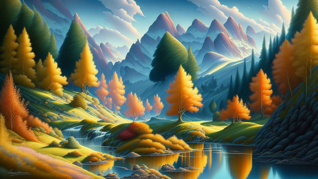 Colorful Stylized Landscape with Trees, Hills, Lake & Mountains