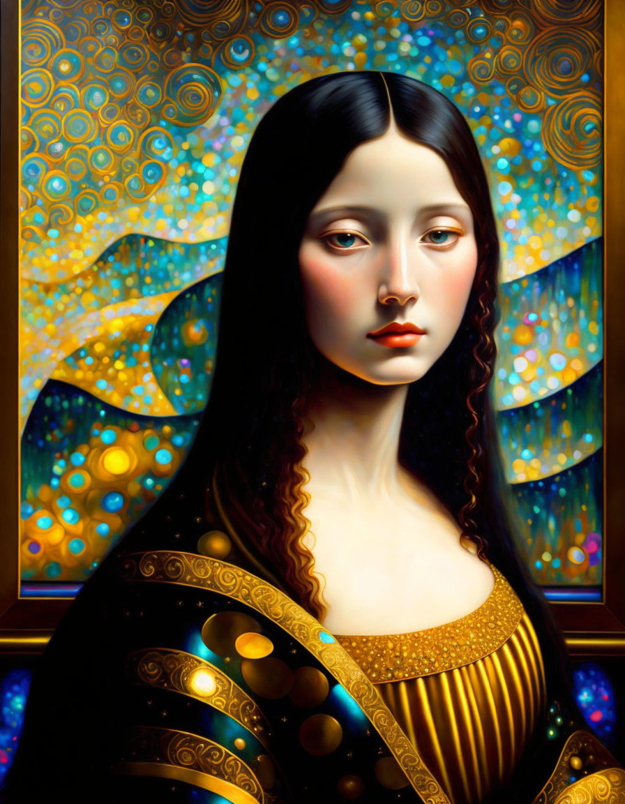 Digital painting: Woman with long dark hair on golden background