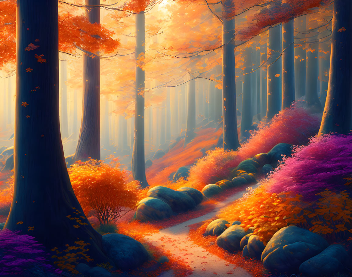 Tranquil autumn forest scene with sunlit path and colorful leaves