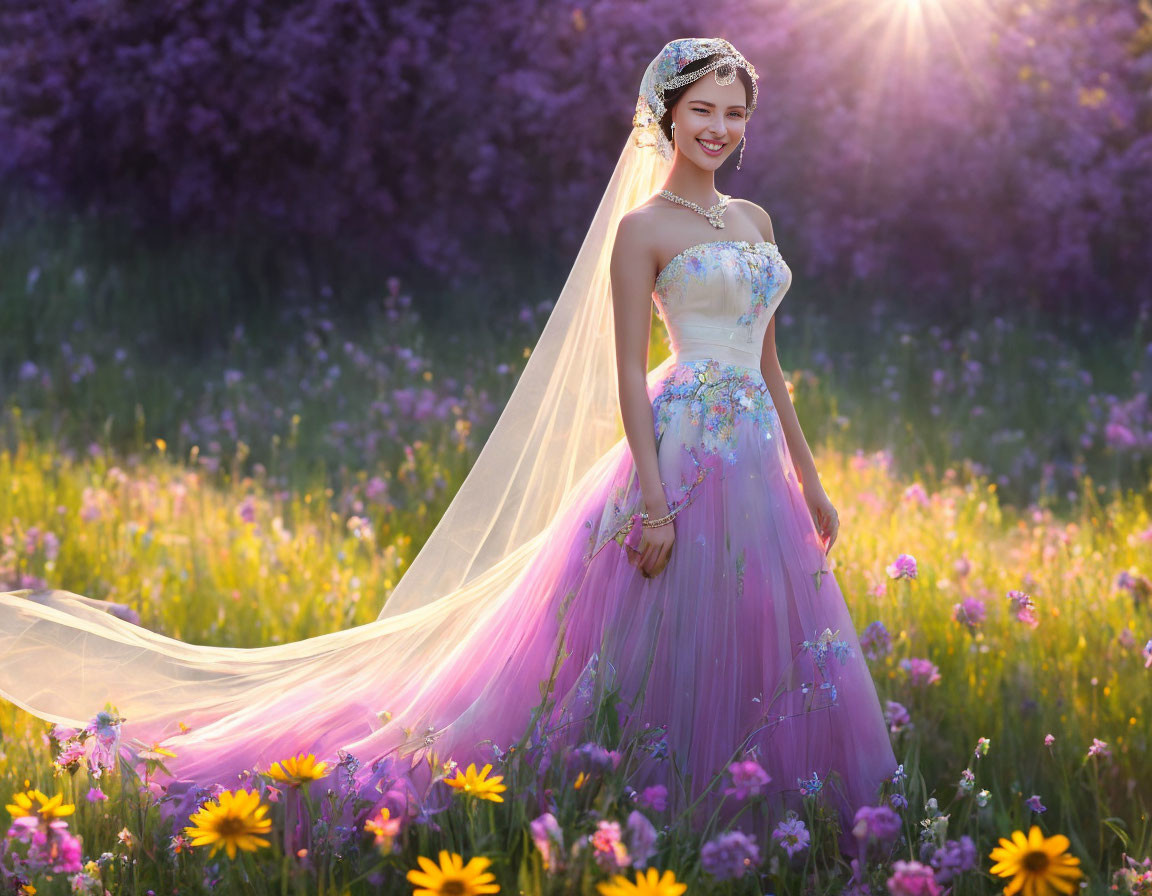 Colorful Bride Standing Among Purple Flowers in Sunlight