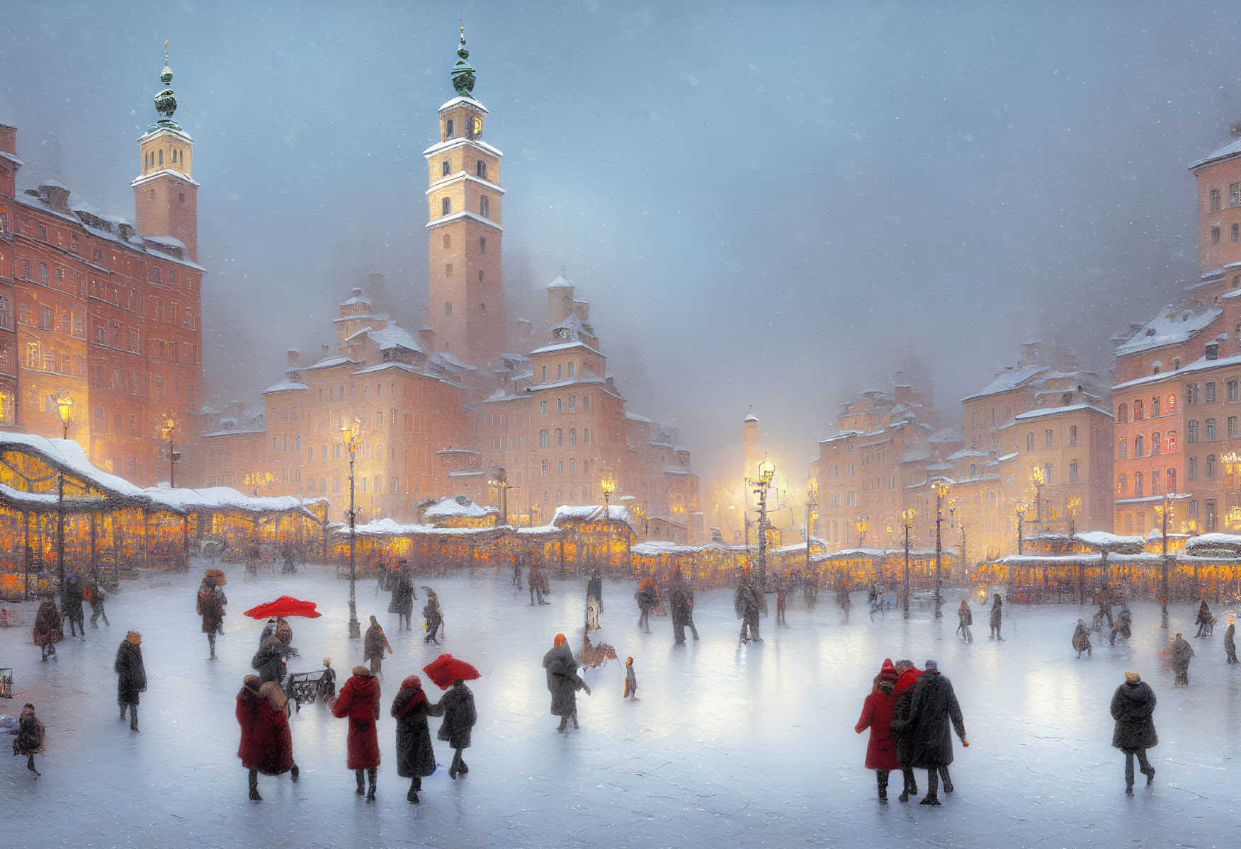 Snowy City Square at Dusk with Umbrella-Carrying Figures and Historic Buildings in Warm Light