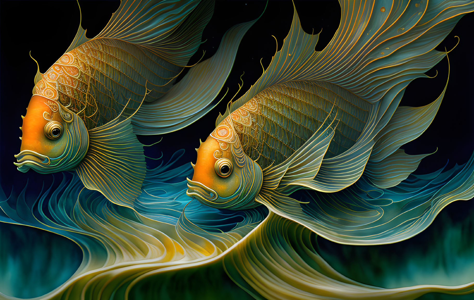 Golden koi fish swimming in intricate design on dark background