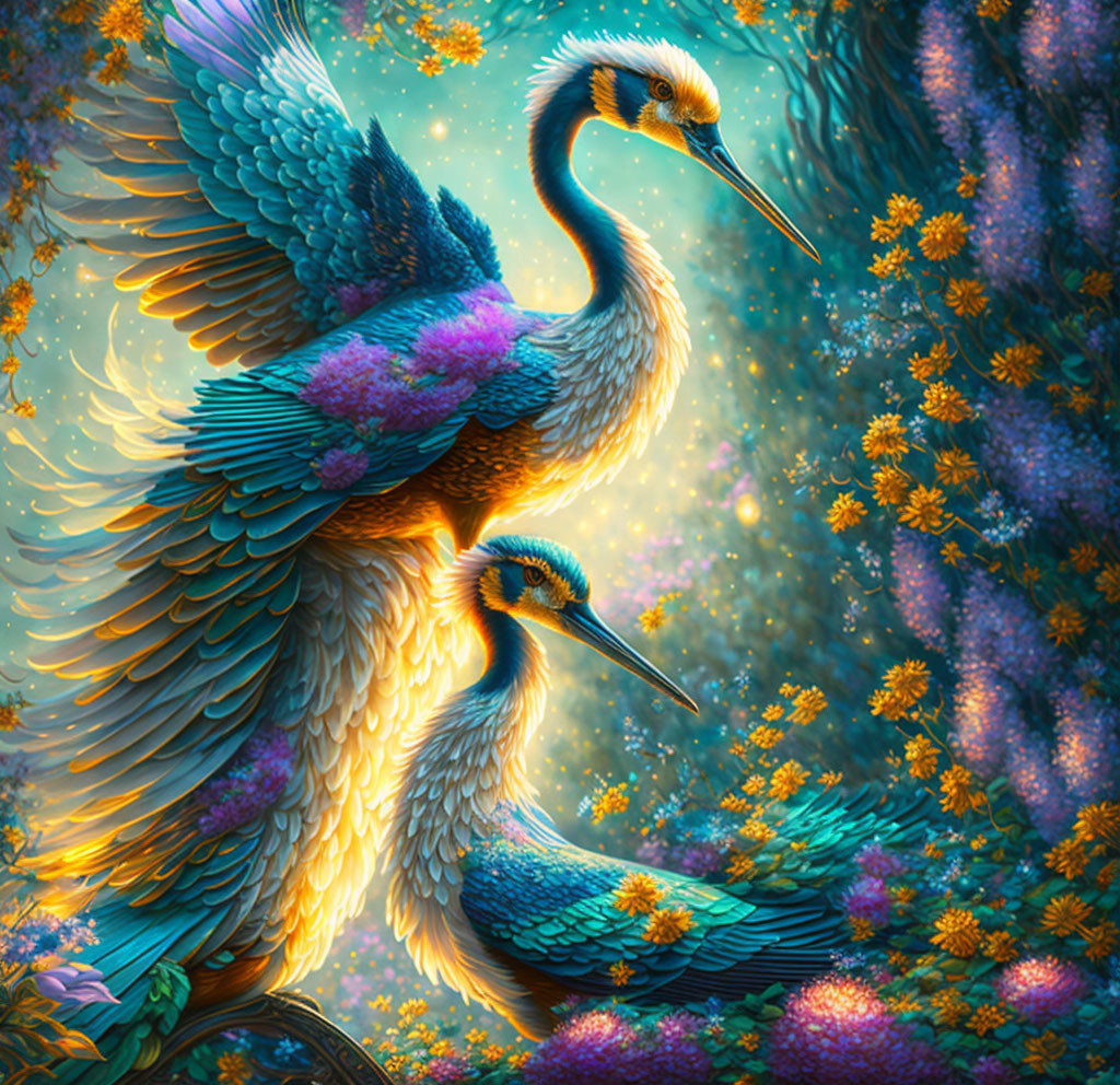 Colorful Plumage Birds in Teal Forest with Golden Blossoms