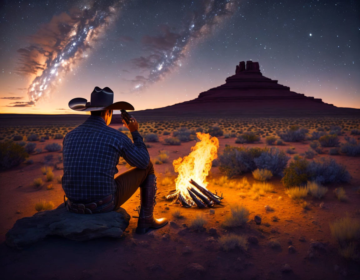 Cowboy by campfire gazes at desert rock formation under starry sky