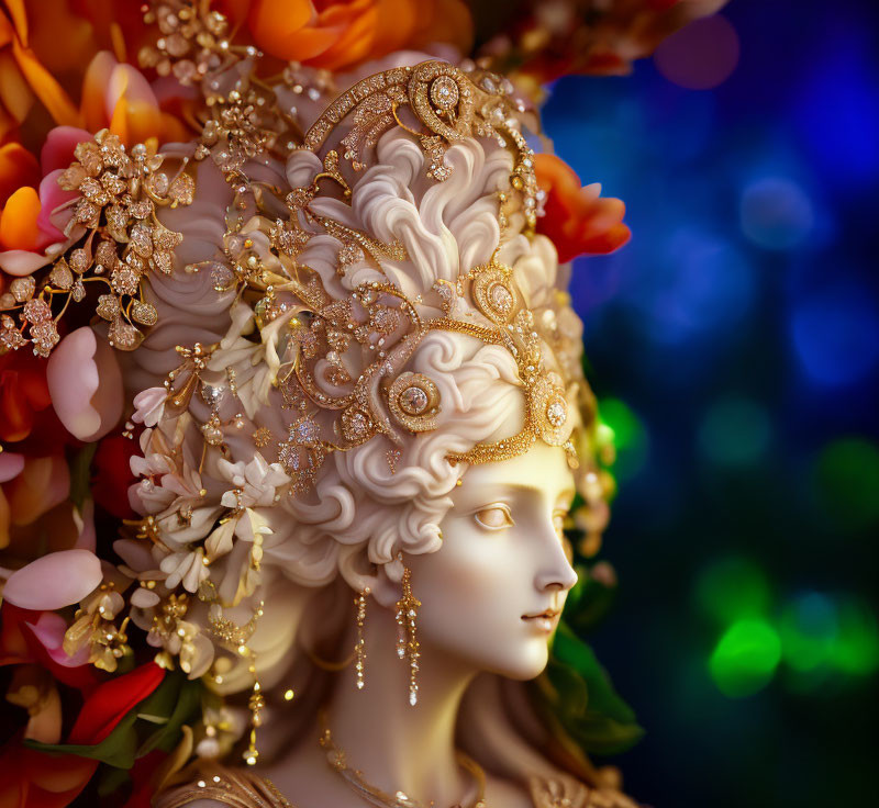 Ornate golden headdress and earrings on classical sculpture with colorful flowers