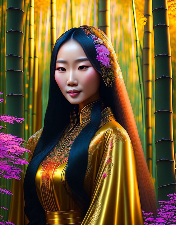 Traditional Asian Attire Woman in Bamboo Forest with Purple Flora