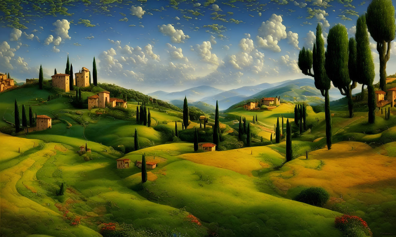 Scenic Tuscan landscape with rolling hills and cypress trees