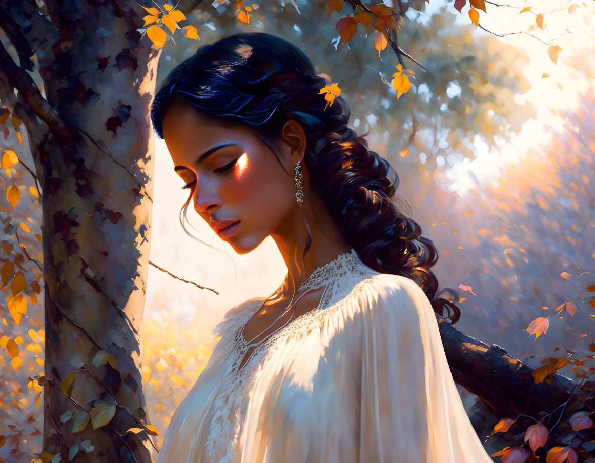 Illustration of woman in white dress in sunlit autumn forest