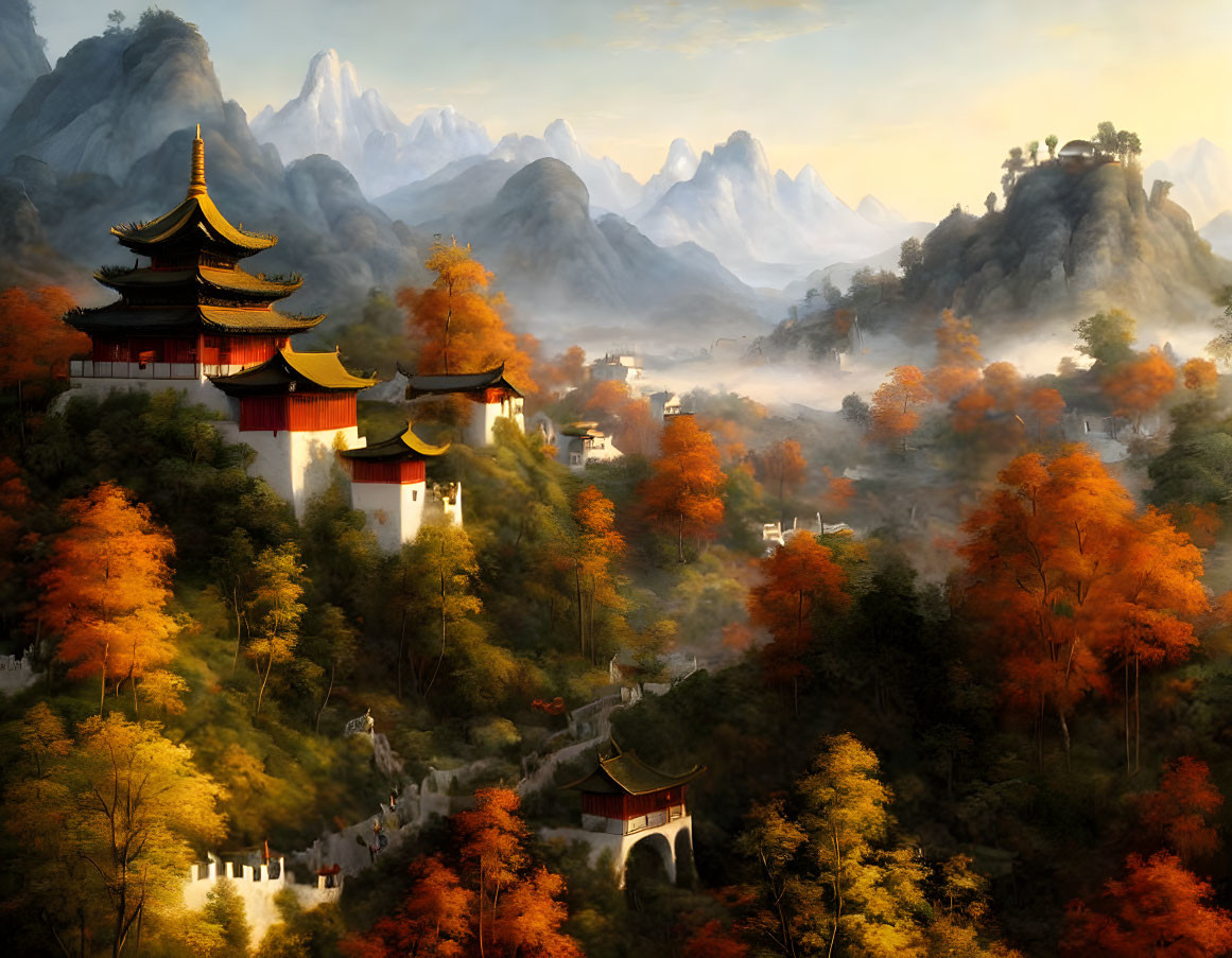 Traditional pagoda in serene Asian landscape with misty mountains and autumnal trees