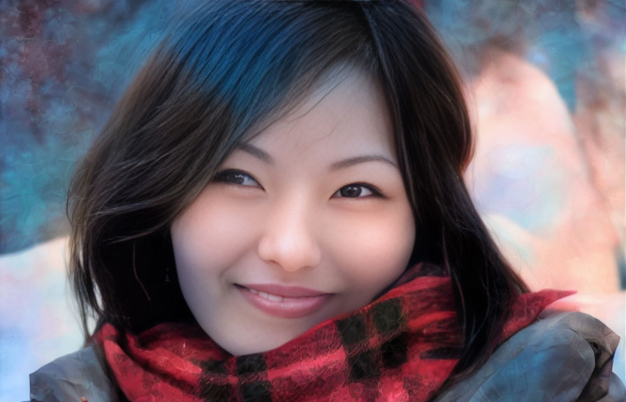 Smiling woman with dark hair in red scarf on colorful background