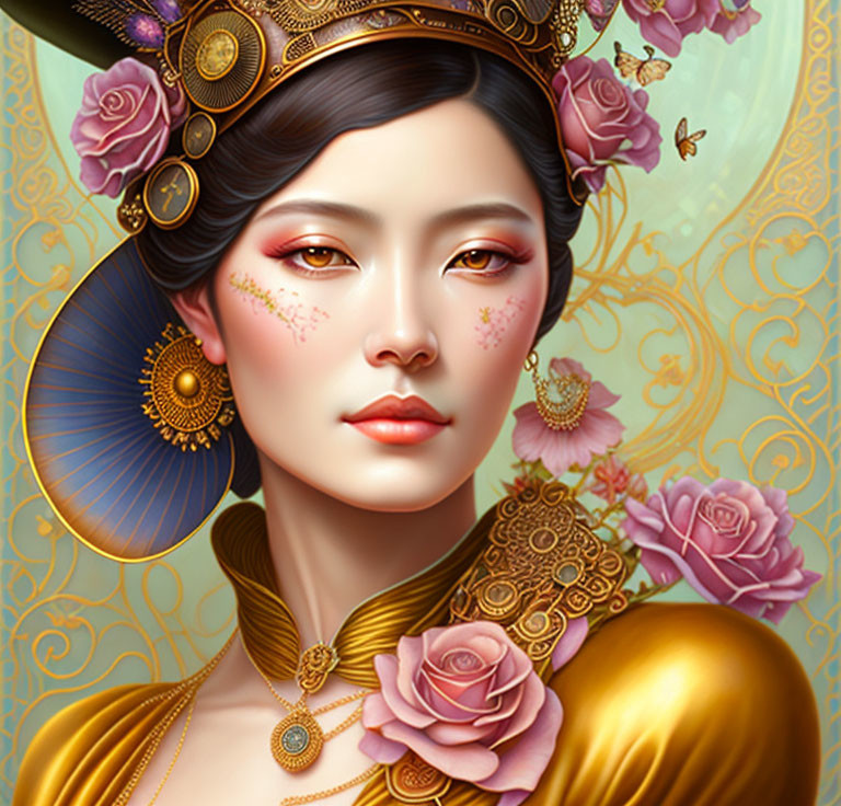 Detailed Portrait of Elegant Woman with Golden Jewelry and Pink Roses