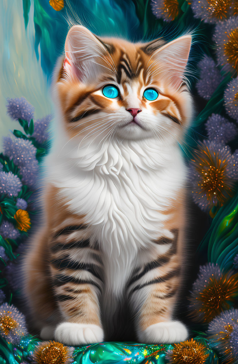 Colorful Digital Artwork of Fluffy Tabby Cat with Blue Eyes