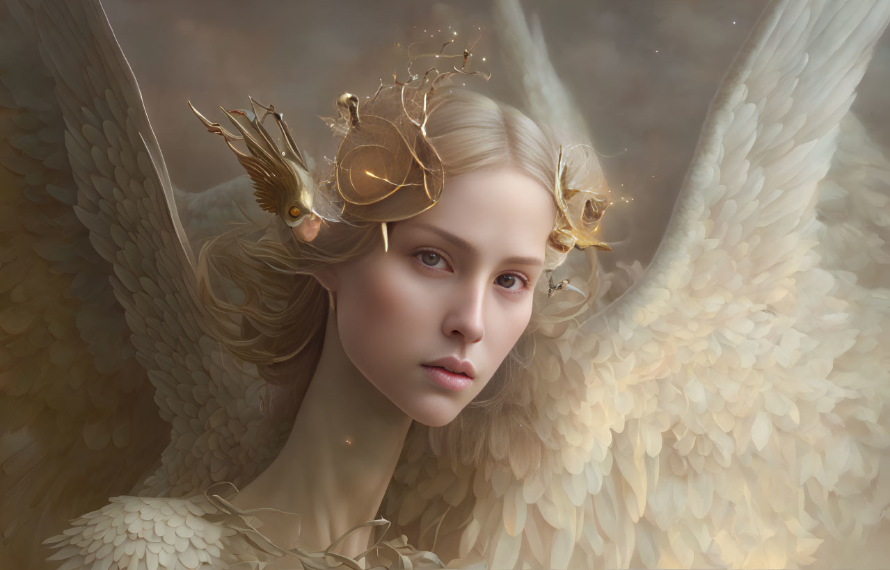 Ethereal woman with angel wings and golden bird-themed headdress