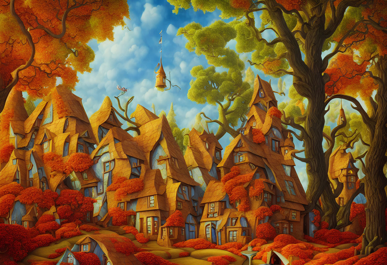 Whimsical Fantasy Village with Autumnal Trees and Flying Broomstick