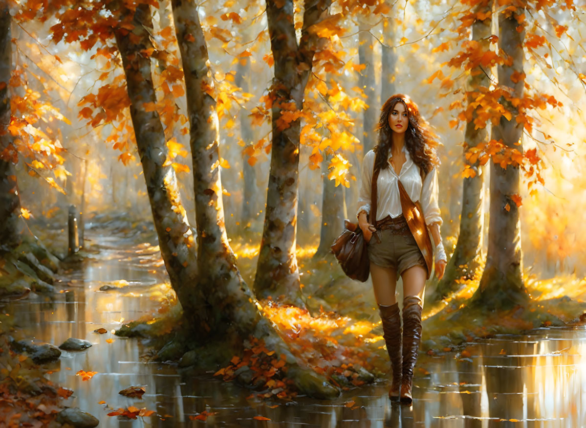 Woman walking in sunlit autumn forest with golden leaves, stream, and trees