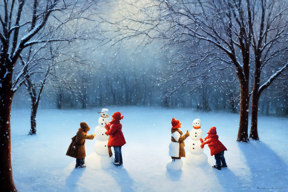 Children building snowmen in a serene winter forest setting