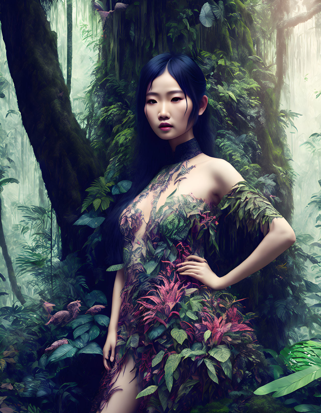 Woman with blue-black hair in leaf dress against lush forest background