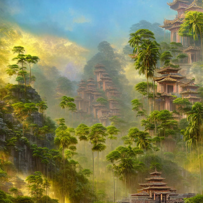 Misty mountains, lush greenery, and Asian-style pagodas in serene fantasy landscape