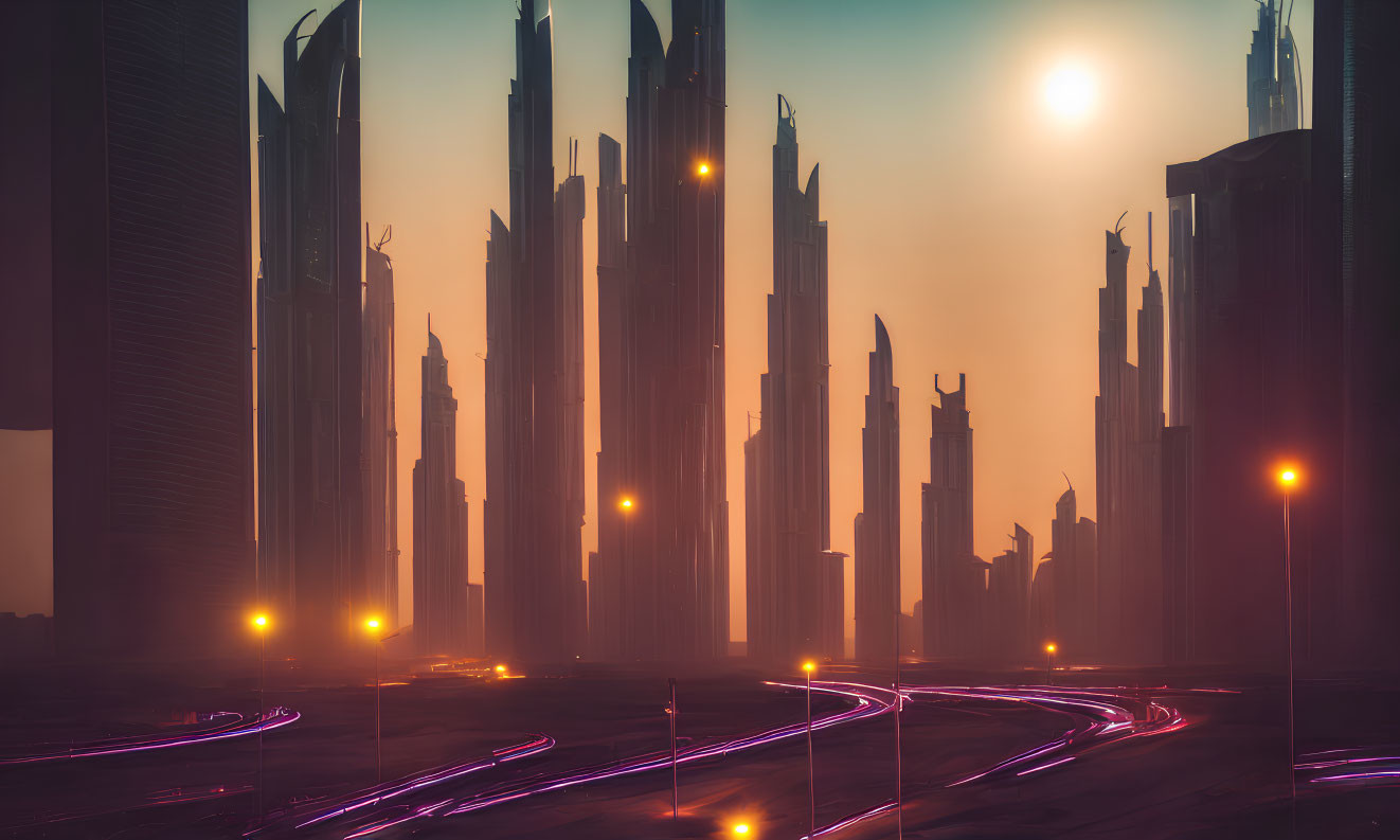 Futuristic city skyline at sunset with tall skyscrapers and streaks of light.