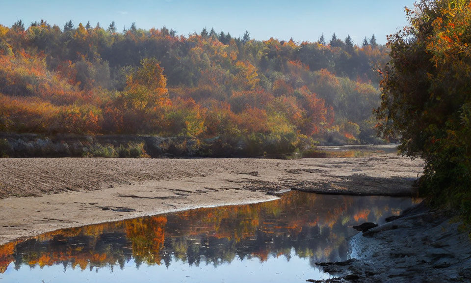 Tranquil river with autumn trees and sandy shore