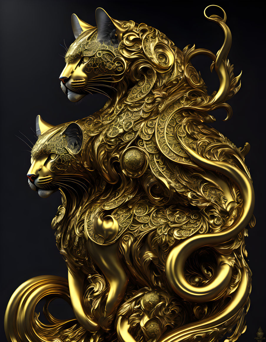 Intricate Golden Mythical Cat Sculpture with Two Heads