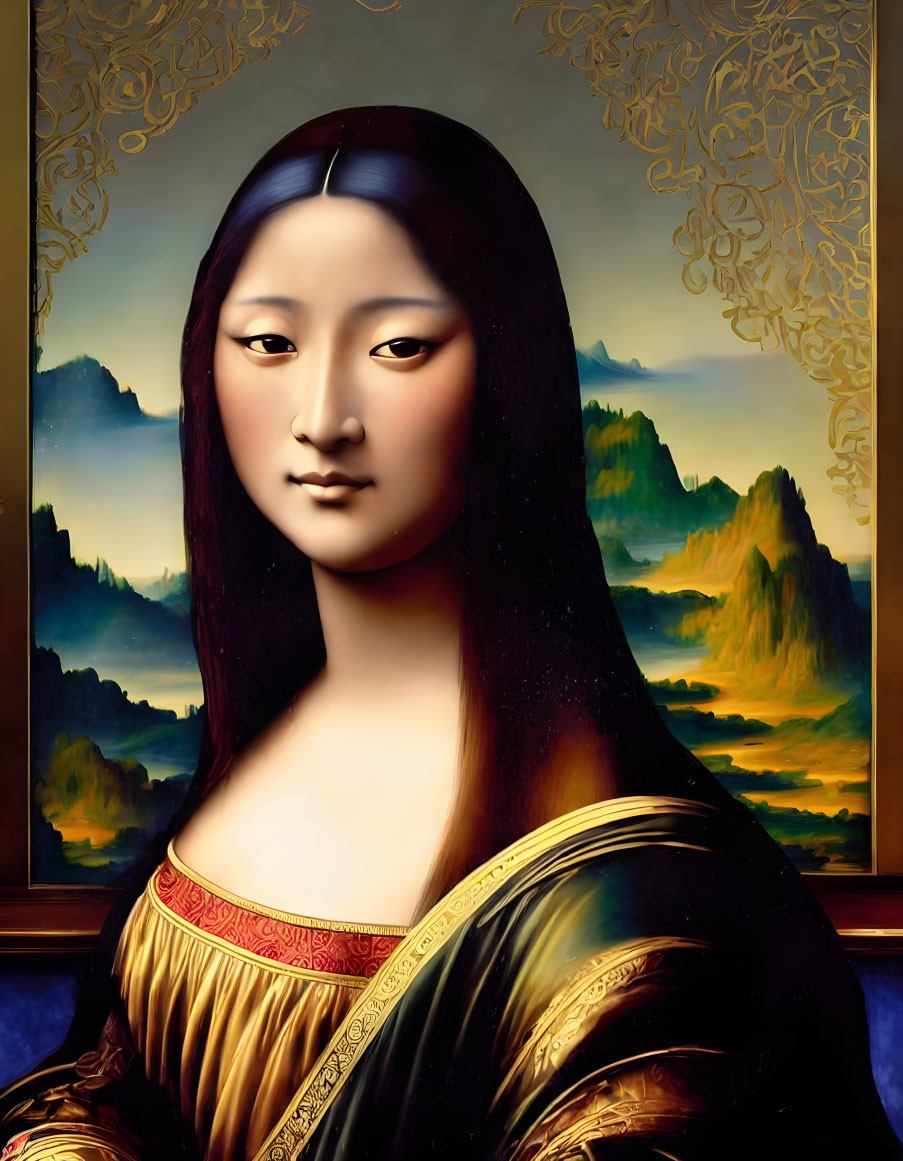 Fusion artwork combining Mona Lisa with Asian features and mountain landscapes