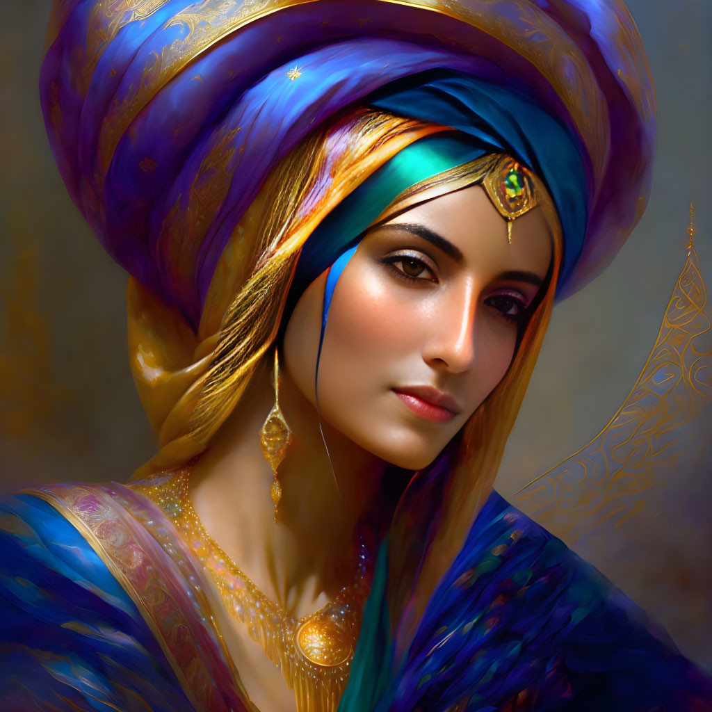 Colorful portrait of woman in blue and purple turban and gold jewelry.