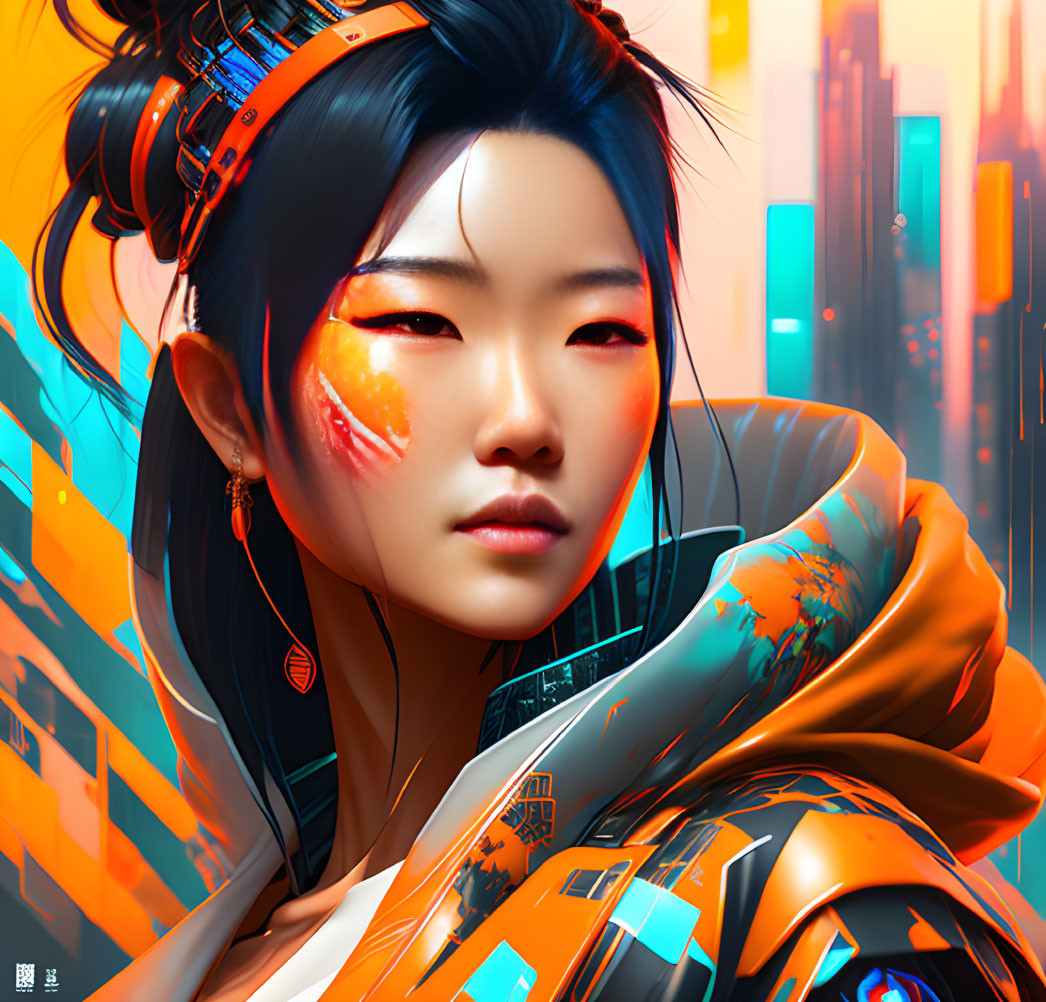 Digital artwork of Asian woman in cyberpunk style with neon colors, illuminated earring, and visor