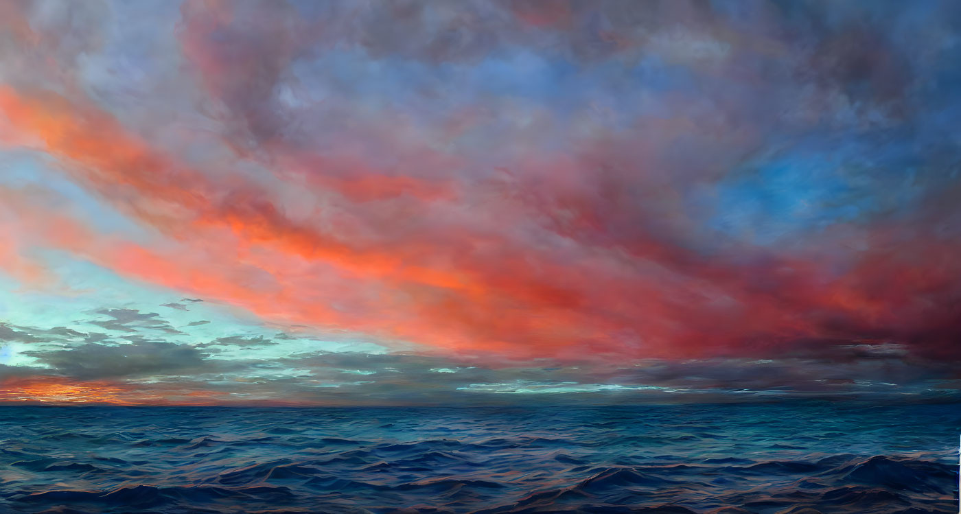 Colorful ocean scene under dramatic orange and red sky.