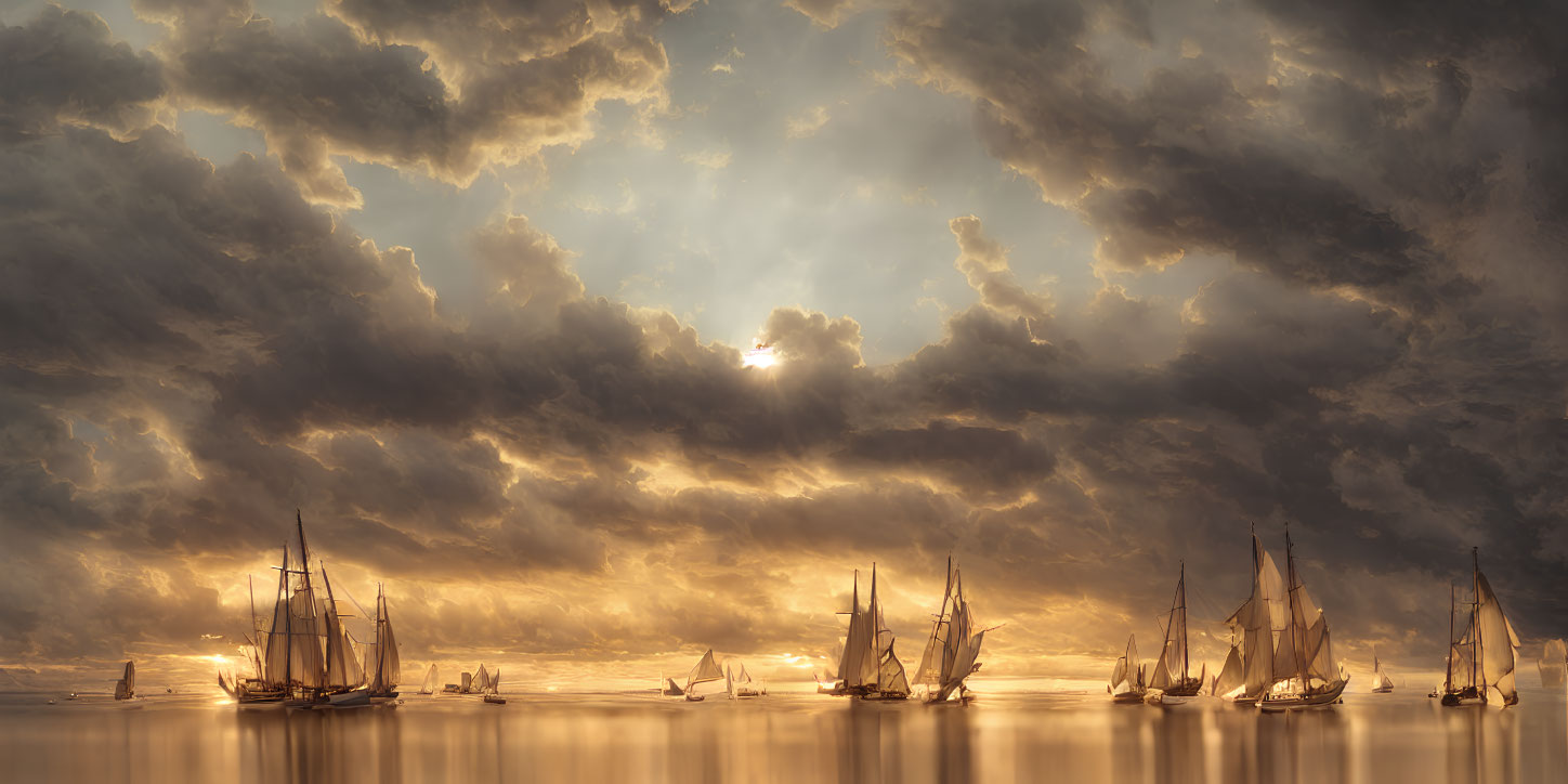 Seascape with sailing ships under dramatic sky at sunrise or sunset