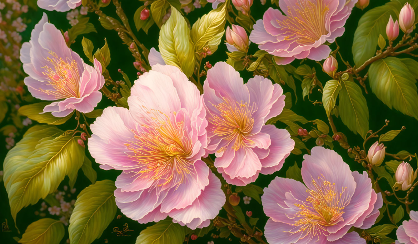 Detailed illustration of lush pink peonies with golden stamens and green foliage on dark background