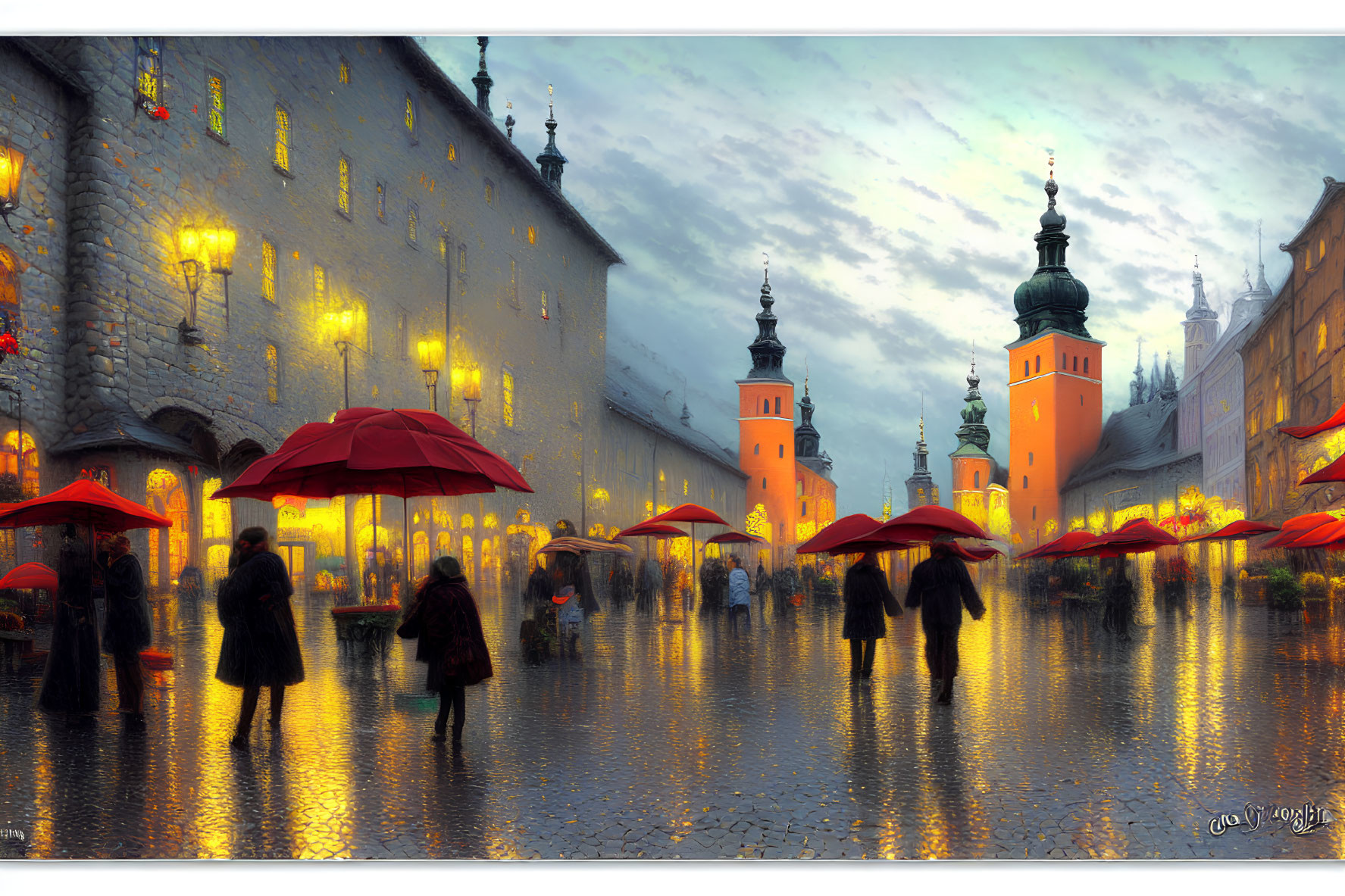 Historic market square at twilight with people under red umbrellas