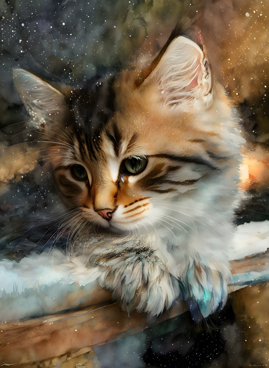 Fluffy cat with thoughtful expression on starry background