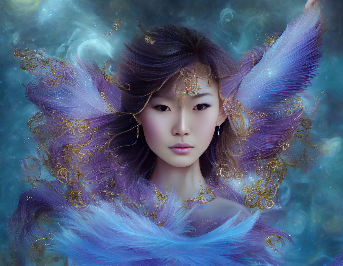 Ethereal portrait of a woman with purple feather wings and cosmic backdrop