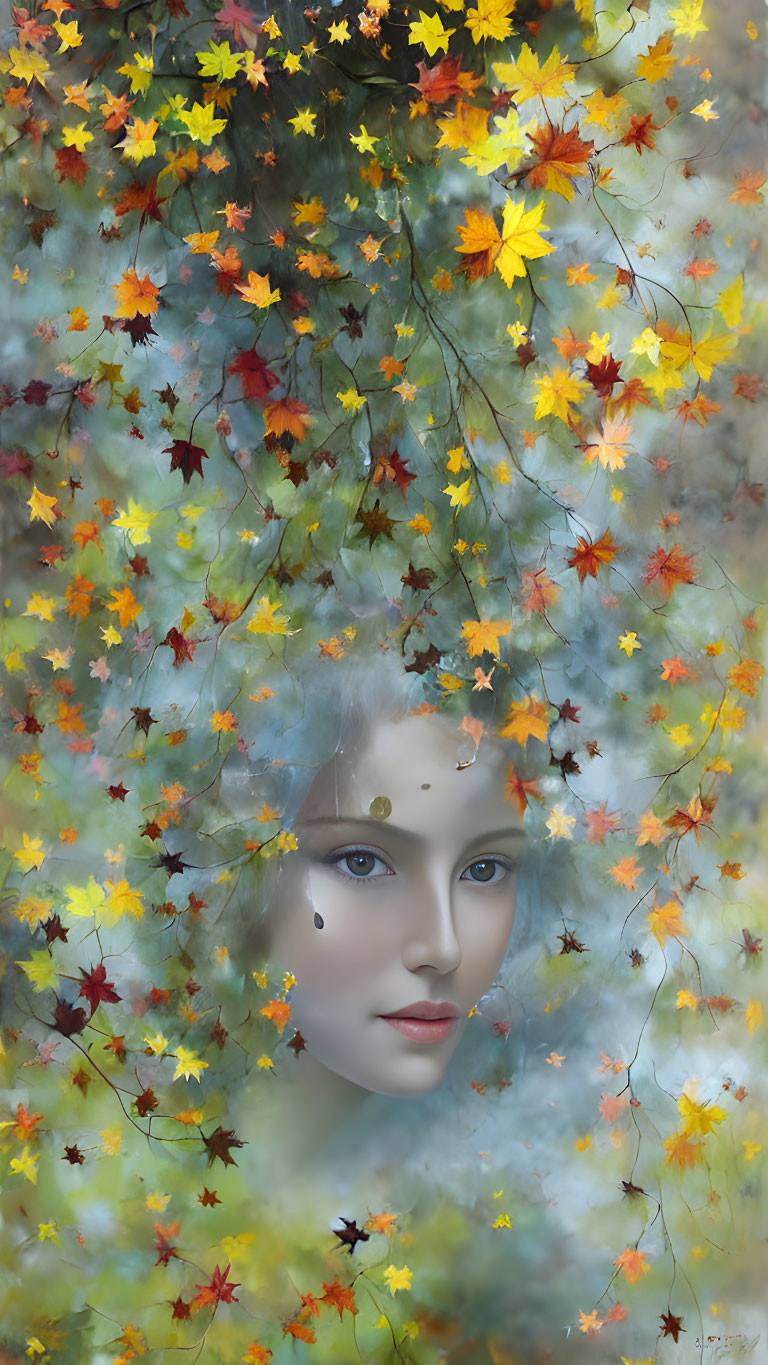 Colorful autumn leaves cascade around woman's face in surreal image