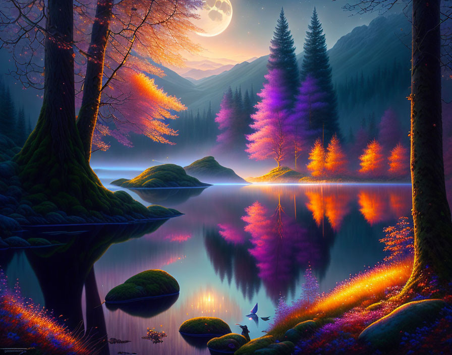 Fantasy landscape with luminous purple and orange trees by tranquil lake under moonlit sky